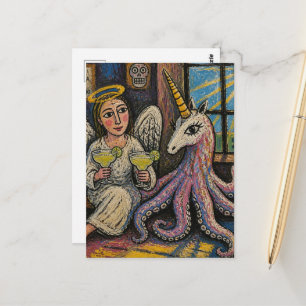 Cartão Postal anjo com margaritas e fantasia de unicórnio polvo