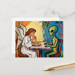 Cartão Postal Anjo comendo Espaguete com um alienígena
