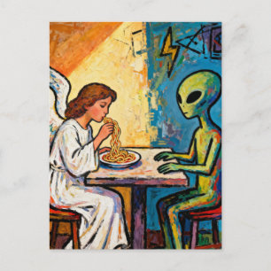 Cartão Postal Anjo comendo espaguete com um alienígena