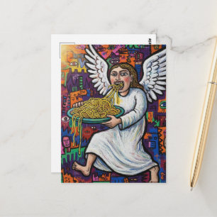 Cartão Postal Anjo comendo espaguete estilo art brut