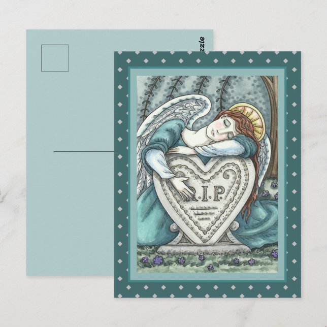 CARTÃO POSTAL ANJO DA GUARDA AMOROSO, ARTE DE LUTO CEMITÉRIO RIP (Frente/Verso)