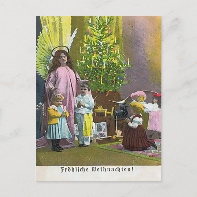 Cartão Postal Anjo da Guarda com Crianças e Árvore Iluminada (Frente)
