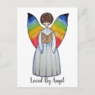 Cartão Postal Anjo De Aquarela Com Asas Arco-Íris Lendo Um Livr