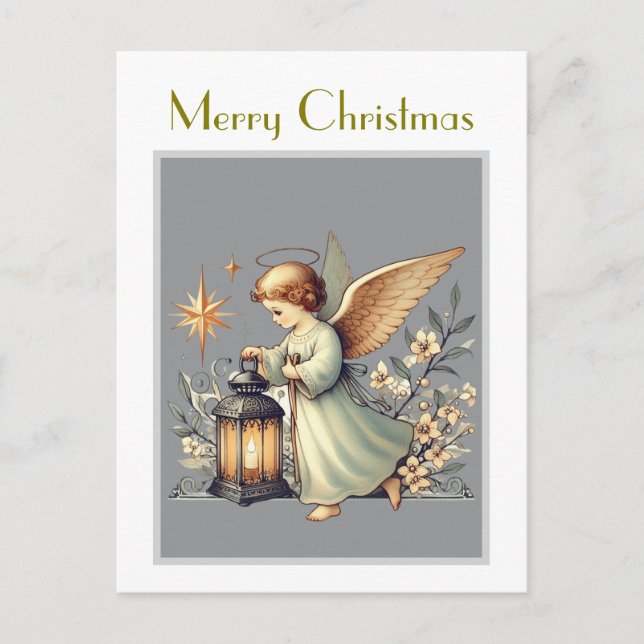 Cartão Postal Anjo de Natal Antigo e Lanterna (Frente)