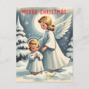 Cartão Postal Anjo de Natal Vintage, Criança e Pássaro