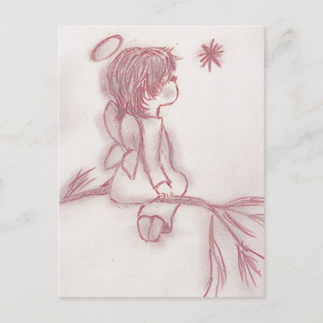 Cartão Postal Anjo desejando uma estrela - vermelho e branco (Frente)