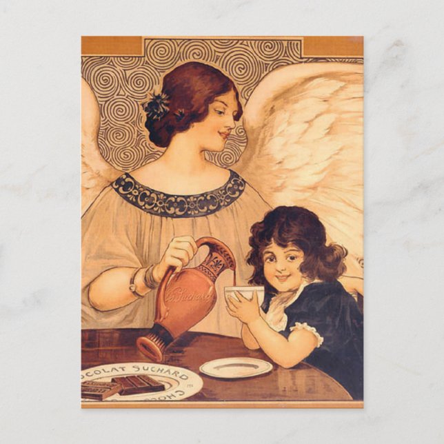 Cartão Postal Anjo Francês Antigo de Chocolate (Frente)