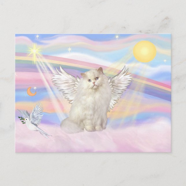 Cartão Postal Anjo Gato Pérsico Branco em Nuvens (Frente)