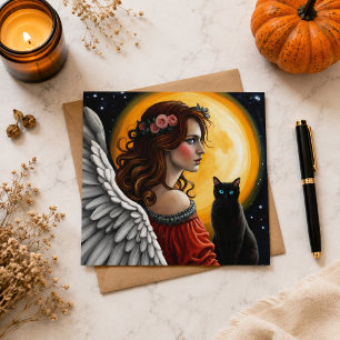 Cartão Postal Anjo Gótico Gato Preto Lua Cheia Celestial