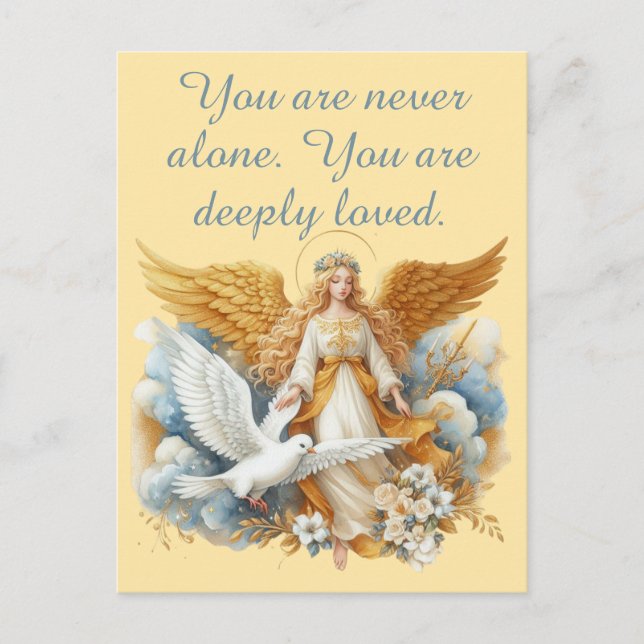 Cartão Postal Anjo Guardião Dourado Com Pássaro Branco (Frente)