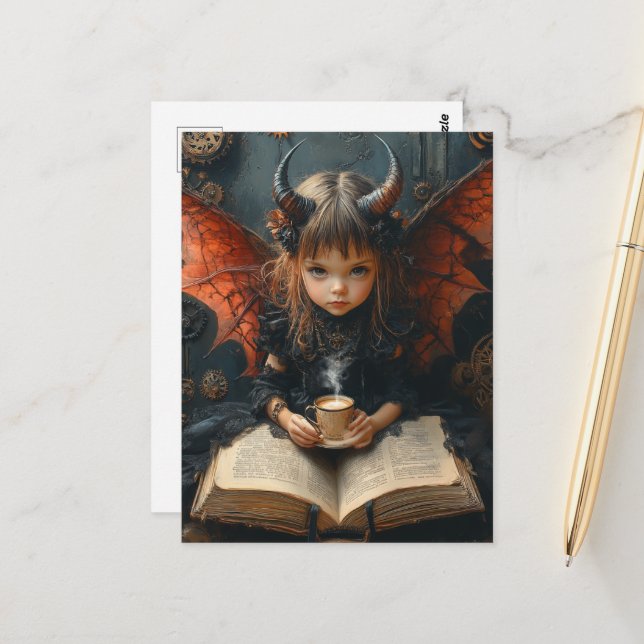 Cartão Postal Anjo Negro Com Café e um Livro (Frente/Verso In Situ)