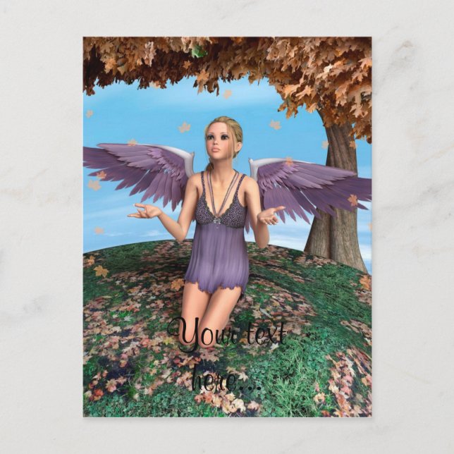 Cartão Postal Anjo Orando Roxo Fantasia de Outono Arte (Frente)