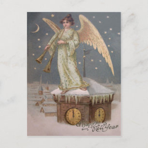 Cartão Postal Anjo Querubim Chifre Torre Relógio Lua Estrelas