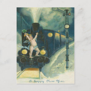 Cartão Postal Anjo Querubim Trevo de Quatro Folhas Trem