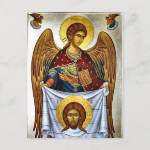 Cartão Postal Anjo segurando o ícone ortodoxo do Santo Mandylion