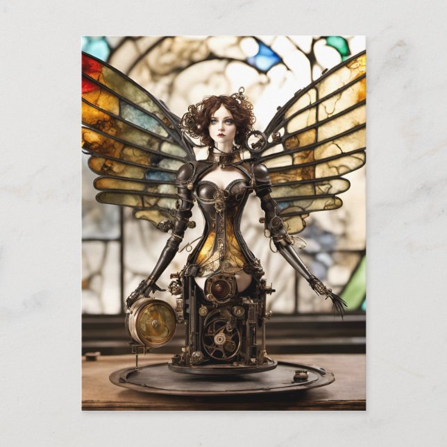 Cartão Postal Anjo Steampunk Boneca Mídia Mista (Frente)