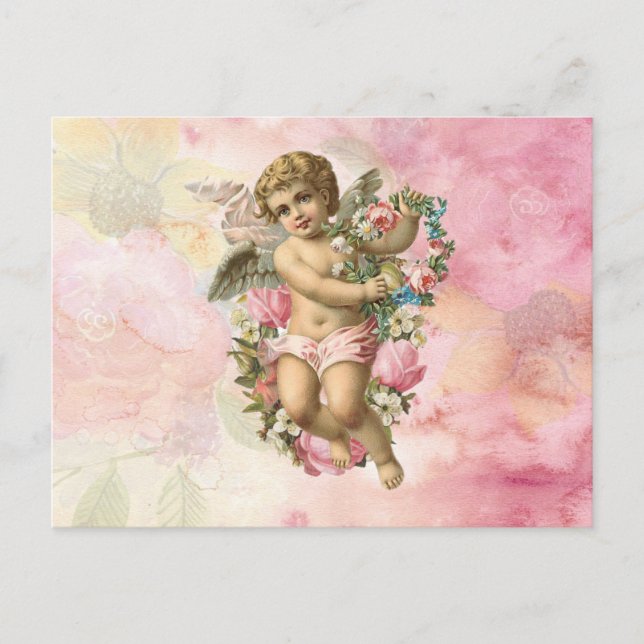 Cartão Postal Anjo Vintage com Flores Lindas (Frente)