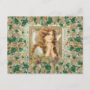 Cartão Postal Anjo Vintage com Rosas Amarelas