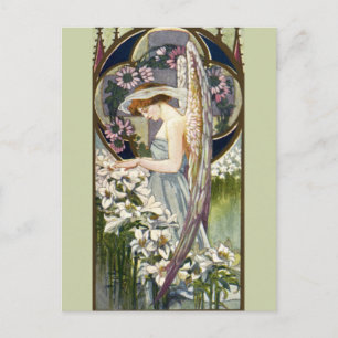 Cartão Postal Anjo Vitoriano e Flores de Lírio de Páscoa Vintage