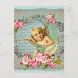 Cartão Postal Anjo Vitoriano vintage rosa, antiga rosa azul