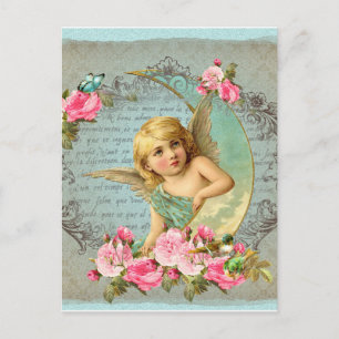 Cartão Postal Anjo Vitoriano vintage rosa, antiga rosa azul