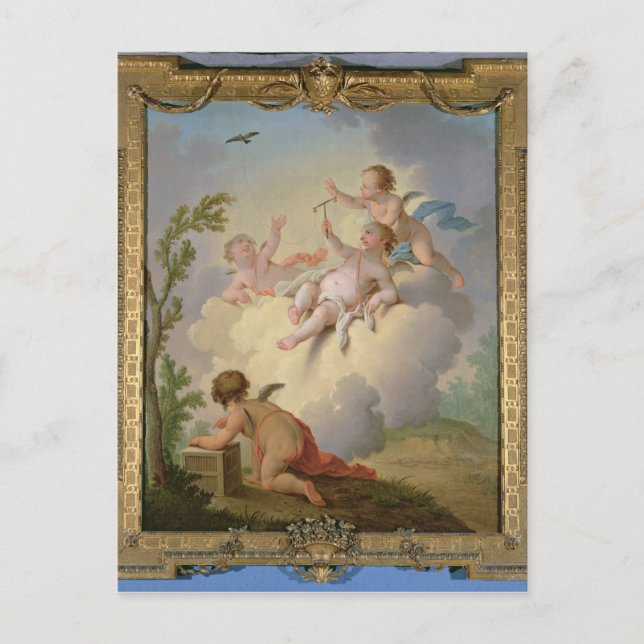 Cartão Postal Anjos brincando com um pássaro em uma paisagem (Frente)
