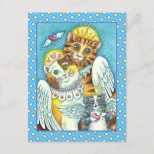 CARTÃO POSTAL ANJOS DE GATO, GATINHO E CAMUNDONGO NO CÉU, AUREOL