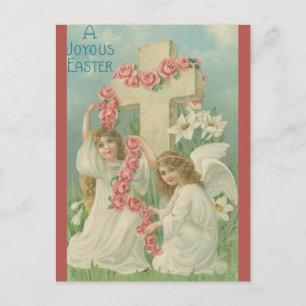 Cartão Postal Anjos Vintage Com uma Cruz Flores Rosa Páscoa