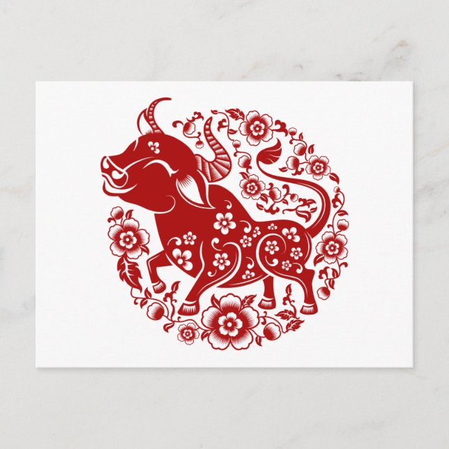 Cartão Postal Ano Novo Chinês 2021 do Floral Ox (Frente)