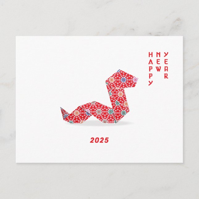 Cartão Postal Ano Novo Chinês 2025 Red Origami Cobra (Frente)