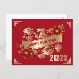 Cartão Postal Ano Novo Chinês do Coelho 2023 Vermelho Dourado Fl