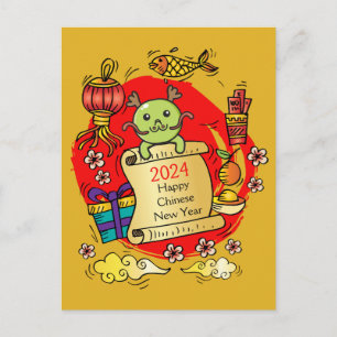 Cartão Postal Ano Novo Chinês Dragão Cartoon
