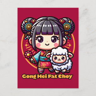 Cartão Postal Ano Novo Chinês Kawaii Ovelha e Menina