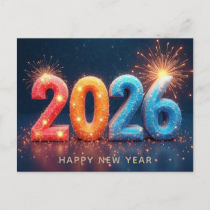 Cartão Postal Ano Novo Feliz 2026 Fogos de Artifício Modernos