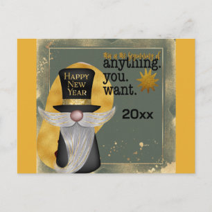 Cartão Postal Ano Novo Feliz 2027 Gnomo Fofo Dourado
