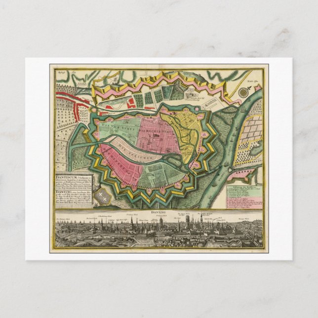 Cartão Postal Antecipado 1730 Mapa de Gdansk, Polônia, (Frente)