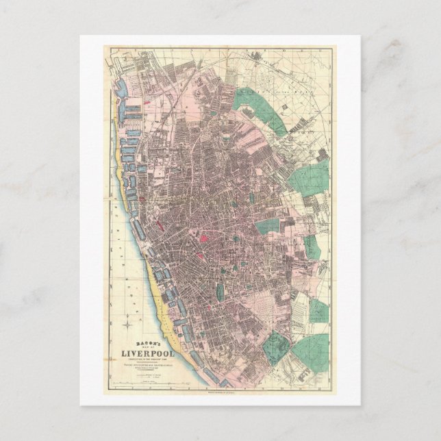 Cartão Postal Antecipado 1890 Mapa de Liverpool, Inglaterra; (Frente)