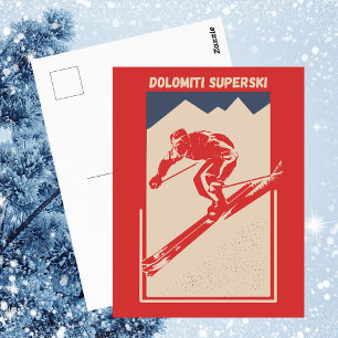 Cartão Postal Antiga Estação de Esqui Retro Italiana Dolomiti Su
