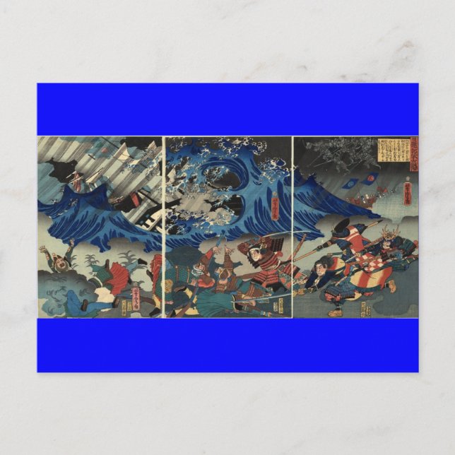 Cartão Postal Antiga Pintura Japonesa de Samurai e Mongóis (Frente)