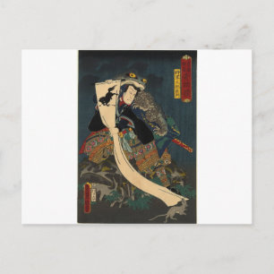 Cartão Postal Antiga Pintura Japonesa, Samurai com o Toad