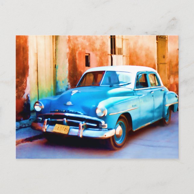 Cartão Postal Antigo carro azul em Cuba (Frente)