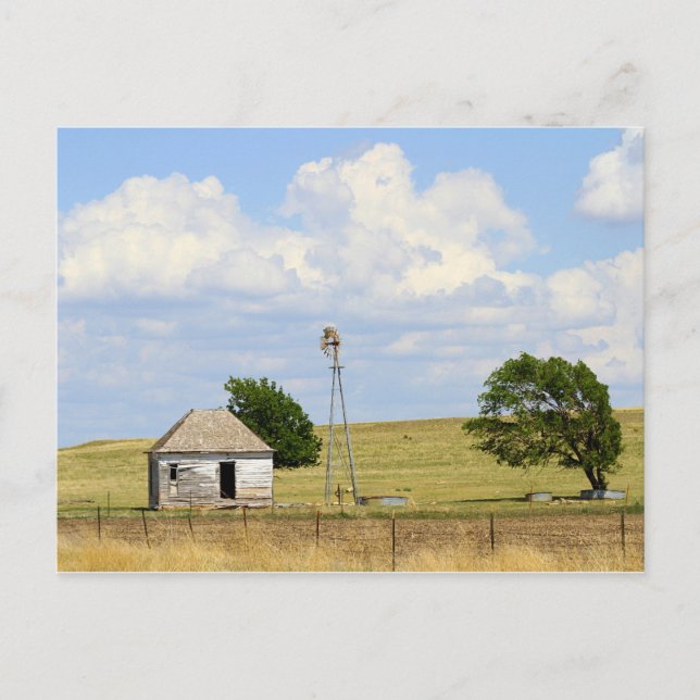 Cartão Postal Antigo Condado de Rush, Kansas, Farmhouse Com Wind (Frente)