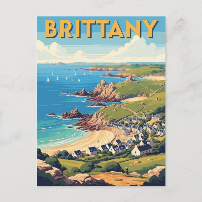 Cartão postal antigo da praia da Bretanha, França (Frente)