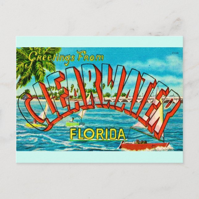 Cartão postal antigo de Clearwater Florida (Frente)
