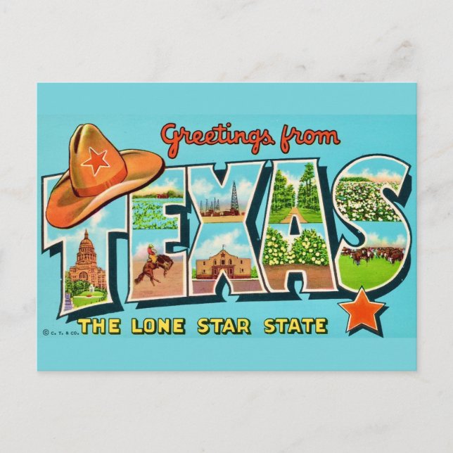 Cartão Postal Antigo de Saudação do Texas (Frente)