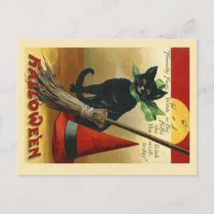 Cartão Postal Antigo do Gato e da Vassoura de Hall