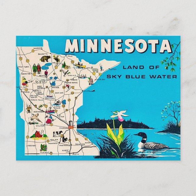 Cartão postal antigo do mapa de Minnesota (Frente)