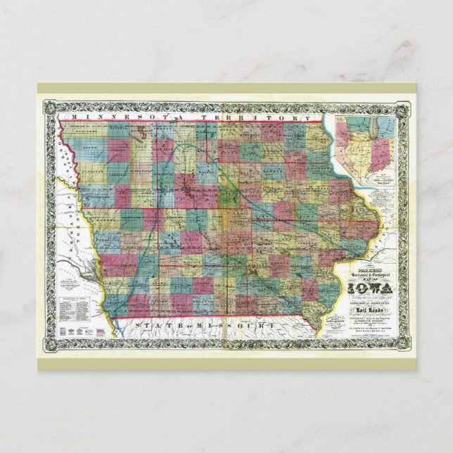 Cartão Postal Antigo mapa de Iowa de 1856 (Frente)
