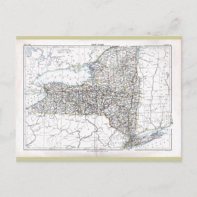 Cartão Postal Antigo Mapa de Nova Iorque de 1884 (Frente)