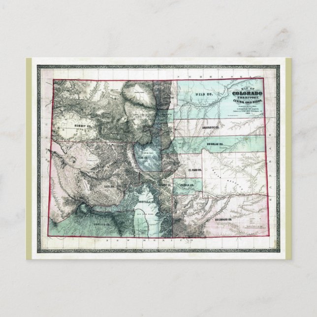 Cartão Postal Antigo Mapa do Colorado em 1862 (Frente)